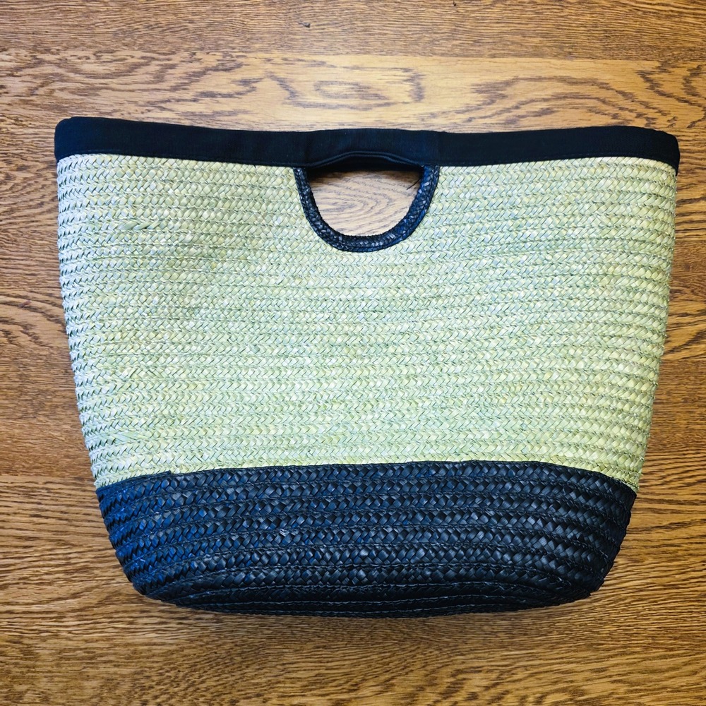 Liz Claiborne Straw Tote Bag Green Black Woven Beach Summer Vacation